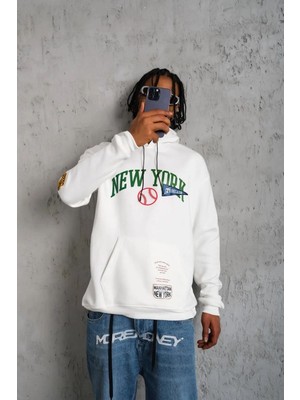 Erkek 3 Iplik Pamuklu Kapüşonlu Baskılı Cepli Oversize Sweatshirt Hoodie - Beyaz