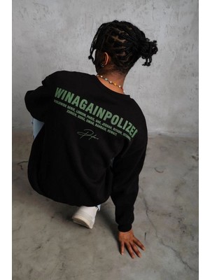 Erkek Oversize Sweatshirt Ön ve Sırt Baskılı 3 Iplik Pamuklu - Siyah