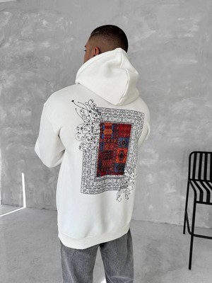 Erkek Kapüşonlu Kanguru Cepli Sweatshirt 3 Iplik Pamuklu Baskılı Hoodie - Beyaz