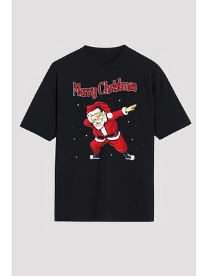 Yılbaşı Merry Christmas Noel Baba Baskılı Oversize Bisiklet Yaka T-Shirt - Siyah