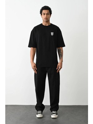 Erkek Kısa Kol Yazlık Tişört Bisiklet Yaka Baskılı Oversize T-Shirt - Siyah