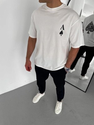 Erkek Baskılı T-Shirt Kısa Kol Bisiklet Yaka Regular Fit Rahat Kalıp Günlük Tişört - Beyaz
