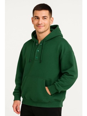Erkek Kapüşonlu Hoodie Cepli Çıtçıtlı 3 Iplik Pamuklu Sweatshirt - Haki