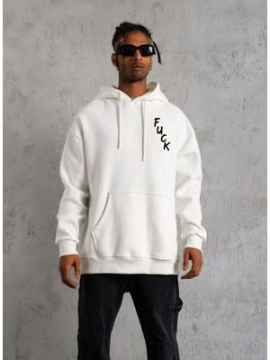 Erkek 3 Iplik Pamuklu Kapüşonlu Baskılı Cepli Oversize Sweatshirt Hoodie - Beyaz