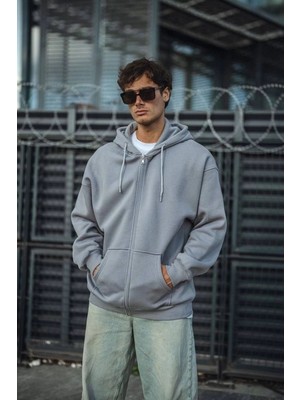 Erkek Tam Fermuarlı Cepli Kapüşonlu 3 Iplik Pamuklu Hoodie Sweatshirt - Gri