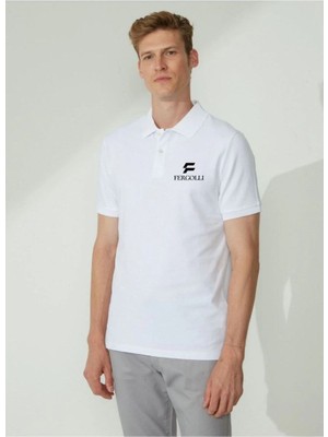 Erkek Pike Polo Yaka Tişört Düğmeli Baskılı T-Shirt - Beyaz