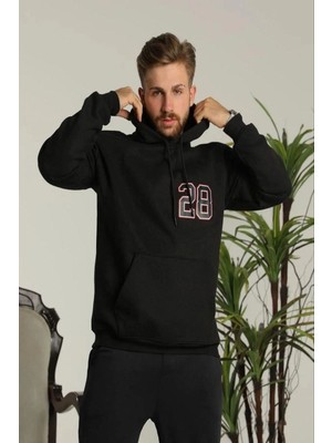 Erkek 3 Iplik Pamuklu Kapüşonlu Baskılı Cepli Oversize Sweatshirt Hoodie - Siyah