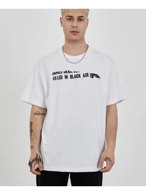 Erkek Kısa Kol Yazlık Tişört Bisiklet Yaka Baskılı Oversize T-Shirt - Beyaz