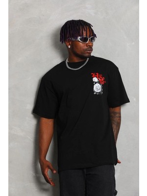 Erkek Kısa Kol Yazlık Tişört Bisiklet Yaka Baskılı Oversize T-Shirt - Siyah