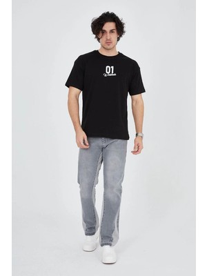Erkek Baskılı T-Shirt Kısa Kol Bisiklet Yaka Regular Fit Rahat Kalıp Günlük Tişört - Siyah