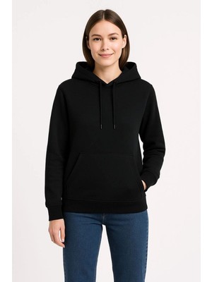 Kadın 3 Iplik Pamuklu Kapüşonlu Kanguru Cepli Sweatshirt Hoodie - Siyah