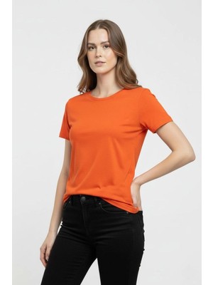 Kadın T-Shirt Bisiklet Yaka Slim Fit Likralı Tişört Yazlık Basic Body - Turuncu