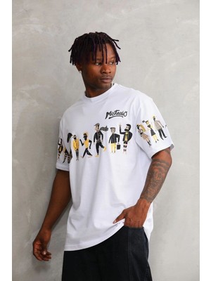 Erkek Kısa Kol Yazlık Tişört Bisiklet Yaka Baskılı Oversize T-Shirt - Beyaz