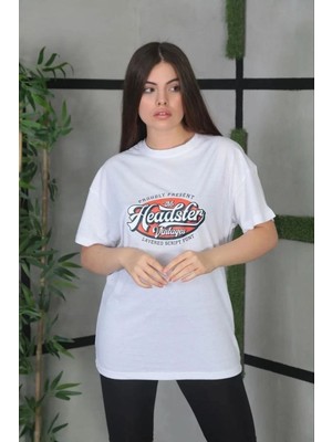 Kadın Kısa Kol Yazlık Tişört Bisiklet Yaka Baskılı Oversize T-Shirt - Beyaz