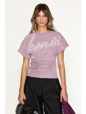 Grimelange Wold Kadın Baskılı Düşük Kollu Büzgü Detaylı Lila T-Shirt