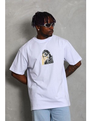 Erkek Baskılı Tişört Kısa Kol Bisiklet Yaka Oversize T-Shirt - Beyaz