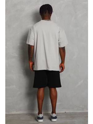 Erkek Düz Yazlık Kısa Kol Tişört Bisiklet Yaka Oversize T-Shirt - Gri