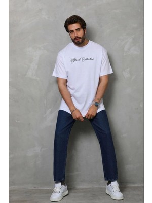 Erkek Baskılı T-Shirt Kısa Kol Bisiklet Yaka Regular Fit Tişört - Beyaz