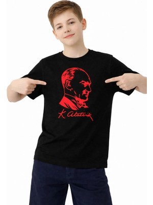 Erkek Çocuk Atatürk Baskılı Tişört Kısa Kollu Bisiklet Yaka T-Shirt - Siyah