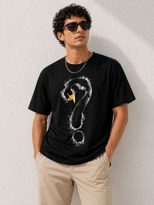 Erkek Kuğu Figürlü Soru Işareti Baskılı Tişört Kısa Kol T-Shirt - Siyah
