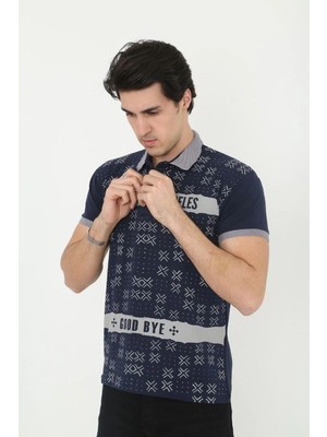 Erkek Polo Yaka  Tişört Slim Fit Baskılı kısa Kol T-Shirt - Lacivert