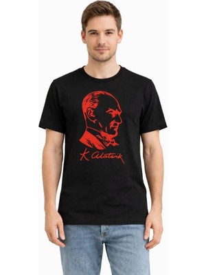 Erkek Atatürk Baskılı Tişört Kısa Kollu Bisiklet Yaka T-Shirt - Siyah