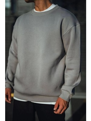 Erkek Bisiklet Yaka 3 Iplik Pamuklu Basic Sweatshirt - Boyalı Gri