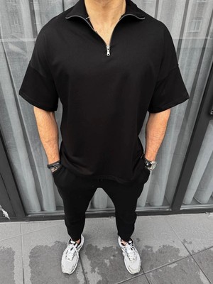Erkek Yarım Fermuarlı Kısa Kol T-Shirt - Siyah