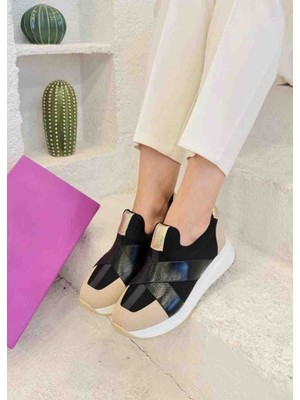 Elmas Siyah Çapraz Elastik Bantlı Kalın Tabanlı Kadın Spor Ayakkabı - Trend Günlük Sneaker.