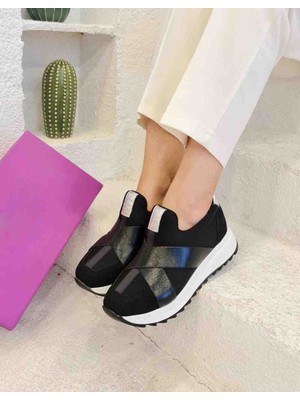 Elmas Siyah Çapraz Elastik Bantlı Kalın Tabanlı Kadın Spor Ayakkabı - Trend Günlük Sneaker.