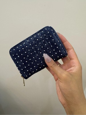 Purpleart Kadın Lacivert Denim Taşlı Fermuarlı Çok Bölmeli Mini Cüzdan Kartlık 9cm x 12CM