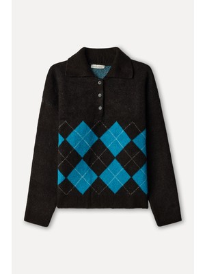 Mudo Kadın Kahverengi Baklava Desenli Loose Fit Polo Yaka Kazak