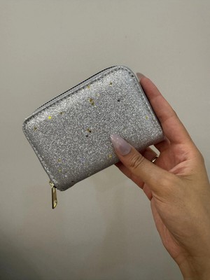 Purpleart Kadın Gümüş Simli Yıldız Desenli Fermuarlı Mini Cüzdan & Çok Bölmeli Akordeon Kartlık 9cm x 12CM