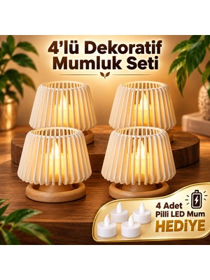 Piyatech 4’lü Dekoratif LED Tealight Mumluk Seti - Masaüstü Aydınlatma - Pilli Mumlar Dahil