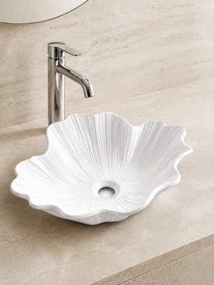 FUALORA Beyaz Çiçek Formlu Tezgah Üstü Seramik Çanak Lavabo 48X40X17 cm