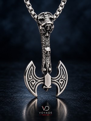 Voyage Accessory Paslanmaz Çelik Gotik Tarz Kurukafa Balta Kolye