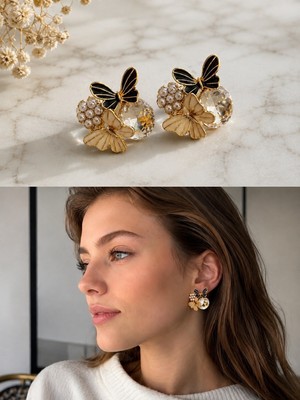 Retrobird Celeste Kelebek Detaylı Vintage Style Tasarım Küpe Kadın Gold Renkli