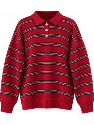 Retrobird Sadie Çizgili Oversize Polo Yaka Triko Kazak Kadın Kırmızı