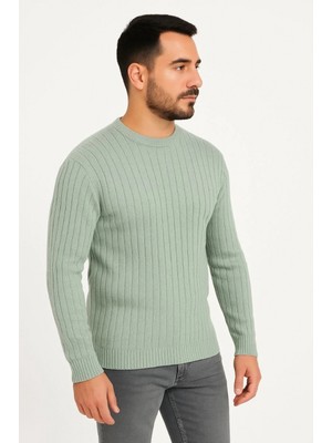 Pileli Store Bisiklet Yuvarlak Yaka Triko Kazak Pamuklu Kalın Fitilli Dokuma, Regular Fit Uzun Kollu Kışlık Model - Mint Yeşili