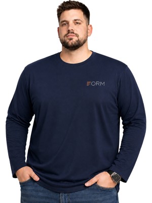 Battal Moda Erkek Büyük Beden Lacivert Form Baskılı Uzun Kollu Tişört 3xl-4xl-5xl-6xl