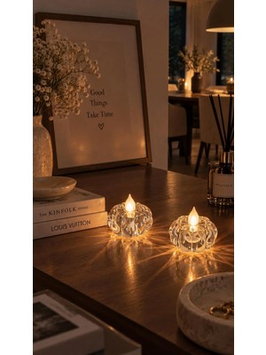 Munico 12 Adet Dekoratif Kristal LED Mumluk Şeffaf Pilli Alev Görünümlü Kafe Restoran Masa Aydınlatması