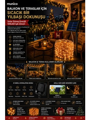 Munico 7 Adet Solar Enerjili 100 LED Işık Zinciri ile Balkon ve Teraslarda Romantik ve Çevre Dostu LED