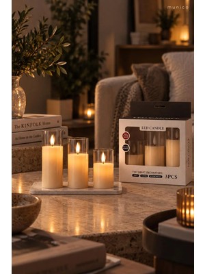 Munico 3’lü Pilli LED Mum Seti Gerçekçi Alev Efektli Dekoratif Mum Ev Masa Düğün Nişan Dekoru