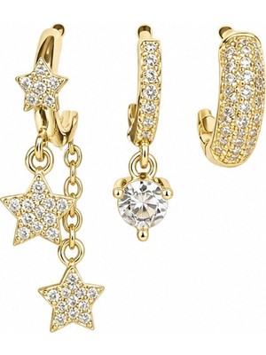 Nes Design Üçlü Taşlı Sallantılı Yıldız Gold Küpe