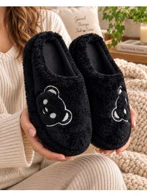 ModaFrato Fluffy Ayıcık Desenli Kadın Ev Terliği Kışlık Yünlü Terlik Ses Yapmayan Içi Yünlü Günlük Rahat Terlik