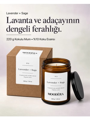 Moodèra Lavender + Sage Kokulu Mum, %10 Koku Esansı, Soya ve Parafin Mum Karışımı, 220 G, Kutulu