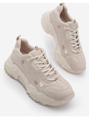 Marjin Kadın Sneaker Kalın Taban Bağcıklı Spor Ayakkabı Pizen Bej