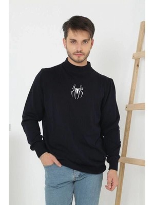Pileli Store Baskılı Yarım Boğazlı Uzun Kol Dokuma Triko - Siyah