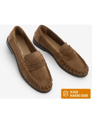 Marjin Kadın Hakiki Deri Oval Burun Makosen Dikişli Büzgülü Loafer Günlük Ayakkabı Lefora Camel Süet