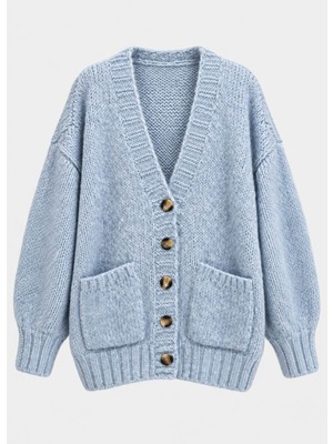 Brandhills Mavi Renk Yumuşak Dokulu Oversize Düğmeli Hırka
